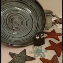 Gray bowl with barn owl figure and hand-built clay stars