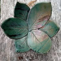 Hand-textured leaf dish in deep forest green